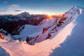 First snow in Alps. Fantastic sunrise in the Dolomites mountains, South Tyrol, Italy in winter. Italian alpine panorama Dolomites. Royalty Free Stock Photo