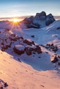 First snow in Alps. Fantastic sunrise in the Dolomites mountains, South Tyrol, Italy in winter. Italian alpine panorama Dolomites. Royalty Free Stock Photo