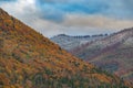 First snow covering autumn forest on mountain slope Royalty Free Stock Photo