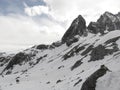 The panorama of the mountain peaks captured on the Jade Dragon Snow Mountain before the first snow melted Royalty Free Stock Photo