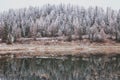 First snow in Dolomites mountains, forest reflection in the lake Royalty Free Stock Photo