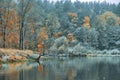 The first snow falls on the autumn river Royalty Free Stock Photo