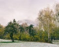 The first snow fell in the autumn park Royalty Free Stock Photo