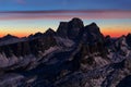 First snow. Gorgeous sunny view of Dolomite Alps first snow. Colorful winter scene of Monte Pelmo mountain range. Giau pass Royalty Free Stock Photo