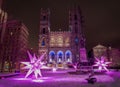 the first snow in Montreal, festive Christmas decoration near Notre-Dame Basilica Royalty Free Stock Photo