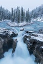 First snow Morning in Jasper National Park Alberta Canada Snow-covered winter landscape in the Sunwapta Falls on Athabasca river. Royalty Free Stock Photo