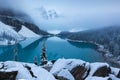 First snow Morning at Moraine Lake in Banff National Park Alberta Canada Snow-covered winter mountain lake in a winter atmosphere. Royalty Free Stock Photo