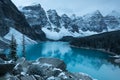 First snow Morning at Moraine Lake in Banff National Park Alberta Canada Snow-covered winter mountain lake in a winter atmosphere. Royalty Free Stock Photo