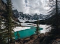 First snow Morning at Moraine Lake in Banff National Park Alberta Canada Snow-covered winter mountain lake in a winter Royalty Free Stock Photo