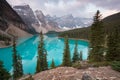 First snow, Morning at Moraine Lake in Banff National Park Alberta Canada Snow-covered winter mountain lake in a winter atmosphere Royalty Free Stock Photo