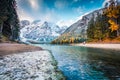 First snow in the mountains. Picturesque autumn view of Braies Lake. Stunnig morning scene of Dolomiti Alps, Naturpark Fanes-Senne