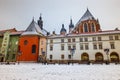 First snow in a small market in Krakow, Poland