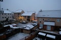 First snow of the 2020 winter covering the suburbs area of Cambridge town, Orchard park area. Residental neighbourhood with two