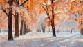 First snowfall in a bright colorful city park in autumn. First snow in late autumn - weather forecast Royalty Free Stock Photo