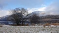 First snowfall at Vangmjose lake near Vang in autumn in Norway Royalty Free Stock Photo