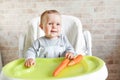 First solid food for young kid. Fresh organic carrot for vegetable lunch. Baby eat vegetables. Healthy nutrition for children