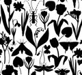 First spring flowers background. Floral elements, insects silhouettes. Botanical illustrations. Garden and forest plants seamless