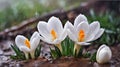 First spring flowers. Beautiful spring white crocus in the spring rain
