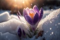 First spring flowers. Blooming purple crocus flower covered snow with blurry bokeh and sparkling detail. Ai generated art Royalty Free Stock Photo