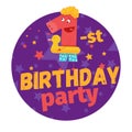 First or 1-st birthday party greeting card or postcard. Cartoon Royalty Free Stock Photo