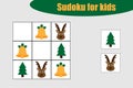 First Sudoku game with christmas pictures for children, easy level, education game for kids, preschool worksheet