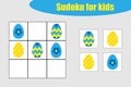 First Sudoku game with easter decoration eggs for children, easy level, education game for kids, preschool worksheet activity,