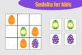 First Sudoku game with easter decoration eggs for children, easy level, education game for kids, preschool worksheet activity,