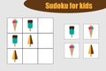 First Sudoku game with ice creams pictures for children, easy level, education game for kids, preschool worksheet activity, task