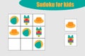 First Sudoku game with summer beach pictures for children, easy level, education game for kids, preschool worksheet activity, task