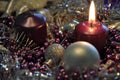 First sunday in advent concept xmas light with candles ball bauble stars.Studio shot of a nice advent wreath with baubles and burn Royalty Free Stock Photo