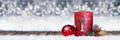 First sunday of advent red candle with golden metal number one on wooden planks in snow front of panorama bokeh background Royalty Free Stock Photo