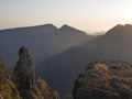 First sunrays in Mafate from the Maido viewpoint in early morning light in Reunion