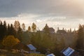 First sunrise rays of sun in Carpathian mountains. Royalty Free Stock Photo