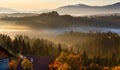 First sunrise rays of sun in Carpathian mountains. Royalty Free Stock Photo