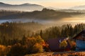 First sunrise rays of sun in Carpathian mountains. Royalty Free Stock Photo