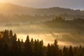 First sunrise rays of sun in Carpathian mountains. Royalty Free Stock Photo