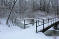 Untouched snow covered bridge over frozen creek Royalty Free Stock Photo