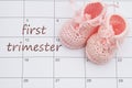 First Trimester message on a calendar with baby booties