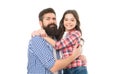 The first true love a girl has is her dad. Happy dad and adorable little daughter hugging and smiling. Bearded dad and Royalty Free Stock Photo