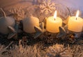 The first two candles burning on a home made advent wreath Royalty Free Stock Photo