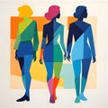 First view of the pure color geometric silhouettes of three walking women Royalty Free Stock Photo