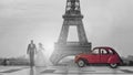 Wedding Couple With Red Classic Car At The Trocadero With The Eiffel Tower, Paris, France