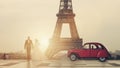 Wedding couple with classic car at the Tour Eiffel on Trocadero square Royalty Free Stock Photo