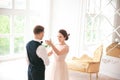 First wedding danc.wedding couple dances on the studio. Wedding day. Happy young bride and groom on their wedding day. Royalty Free Stock Photo