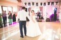 First wedding dance of newlywed couple in restaurant