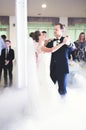 First wedding dance of newlywed couple in restaurant Royalty Free Stock Photo