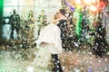 First wedding dance of newlywed couple in restaurant Royalty Free Stock Photo