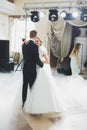 First wedding dance of newlywed couple in restaurant Royalty Free Stock Photo