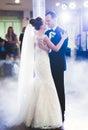 First wedding dance of newlywed couple in restaurant Royalty Free Stock Photo