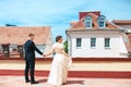 First wedding dance.wedding couple dances on the roof. Wedding day. Happy young bride and groom on their wedding day. Royalty Free Stock Photo